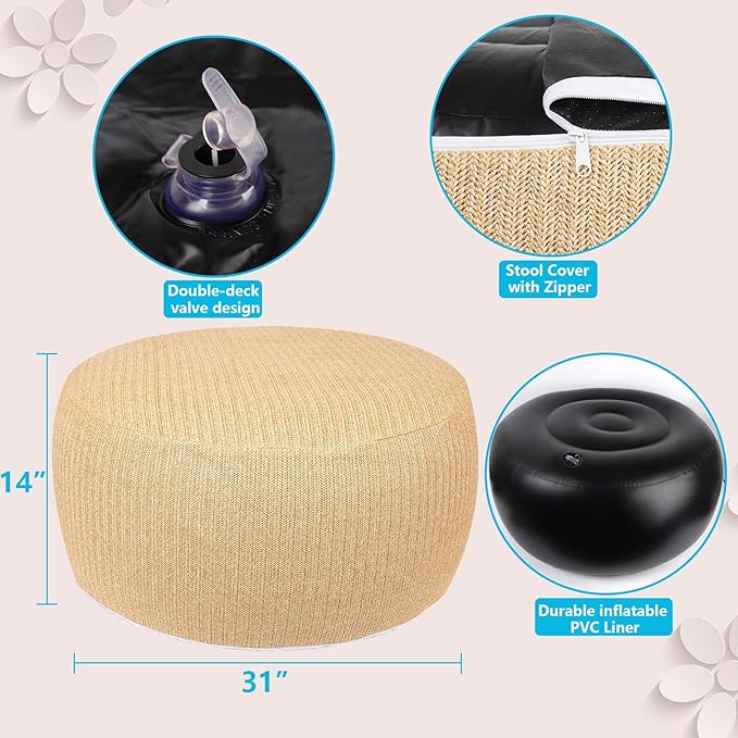 Woven Inflatable Ottoman, Fade-Resistant D31”x H14” Outdoor Indoor Pouf Patio Footrest Stool with Portable Handle - Photo 2