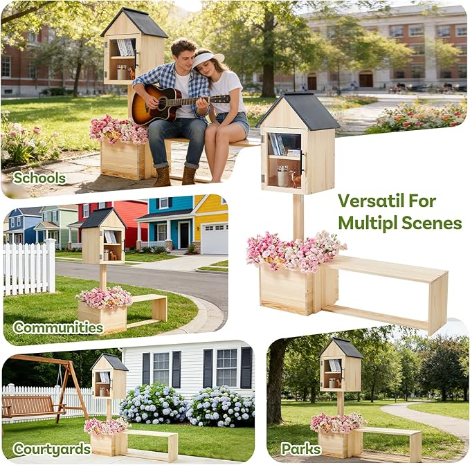 3-in-1 Outdoor Library Book Exchange Box with Bench & Planter Solid Pine Wood DIY Neighborhood Share Box Ground Mount Kit for Garden, School, Community