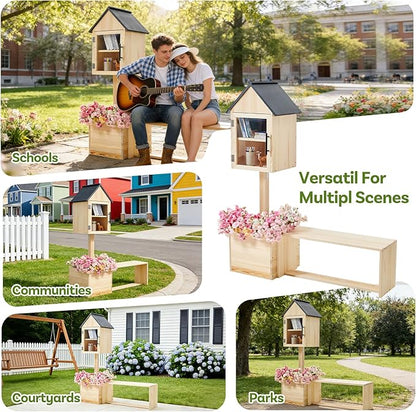 3-in-1 Outdoor Library Book Exchange Box with Bench & Planter Solid Pine Wood DIY Neighborhood Share Box Ground Mount Kit for Garden, School, Community