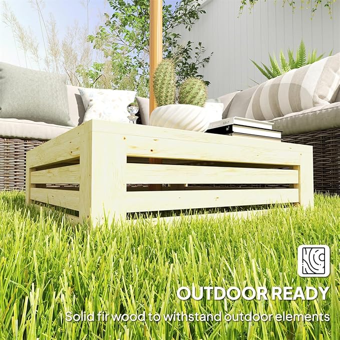 Wooden Outdoor Coffee Table with Umbrella Hole, 24.4 x 24.4 inches, Umbrella Base Stand Storage Box Design, Fir Wood (Natural)