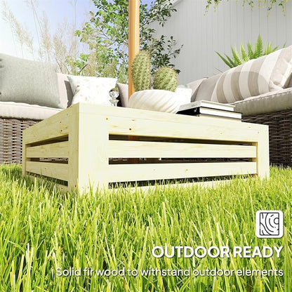 Wooden Outdoor Coffee Table with Umbrella Hole, 24.4 x 24.4 inches, Umbrella Base Stand Storage Box Design, Fir Wood (Natural)