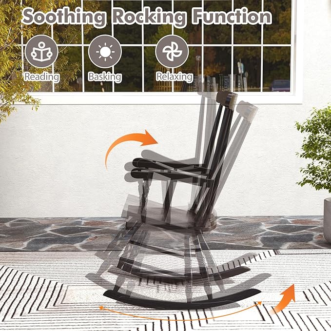 Tangkula Patio Rocking Chair Solid Rubber Wood, Outdoor Porch Rocker Chair with Rubber Wood Frame, Indoor Wooden Rocking Chair, Ideal for Garden, Backyard & Balcony (1, Espresso)