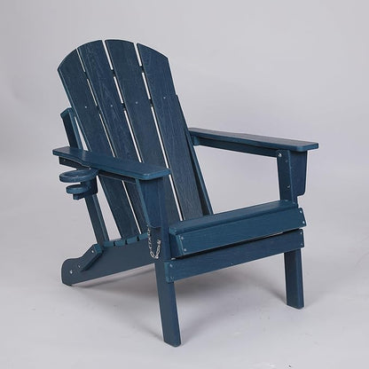 Folding Outdoor Adirondack Chair in Navy Blue - Composite with Wood Texture and Dual Cup Holders
