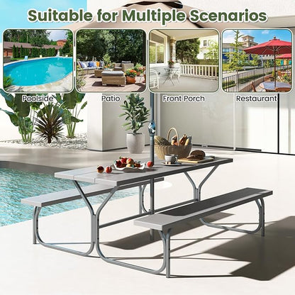 Giantex 6FT Picnic Table Bench Set Outdoor Camping All Weather Metal Base Wood-Like Texture Backyard Poolside Dining Party Garden Patio Lawn Deck Furniture Large Camping Picnic Tables for Adult, Grey