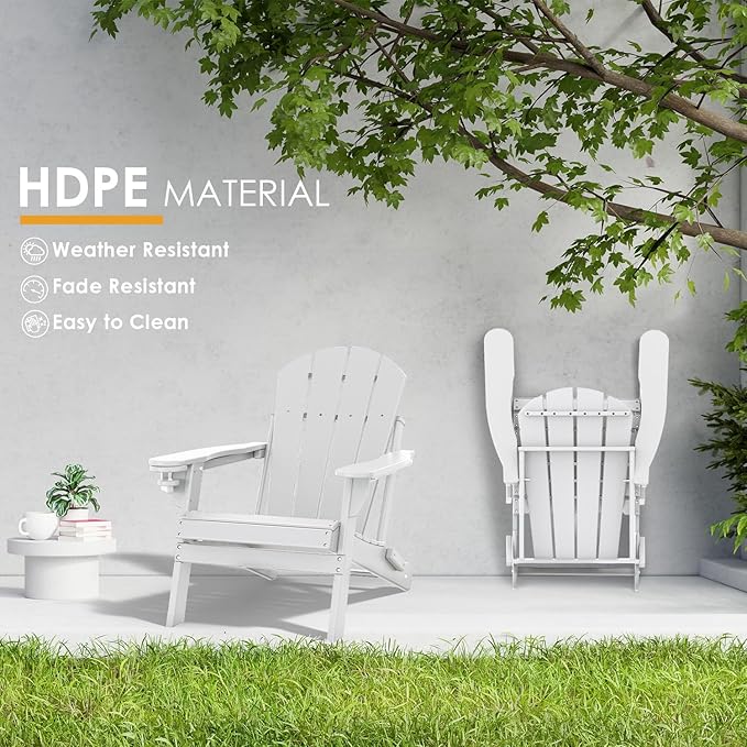 IVY&LANE Folding-Adirondack-Chairs-Set-of-2 | HDPE Plastic | Outdoor Fire Pit Chair with Cup Holder | White | Poly | Weather Resistant | for Patio Deck Poolside Garden Beach