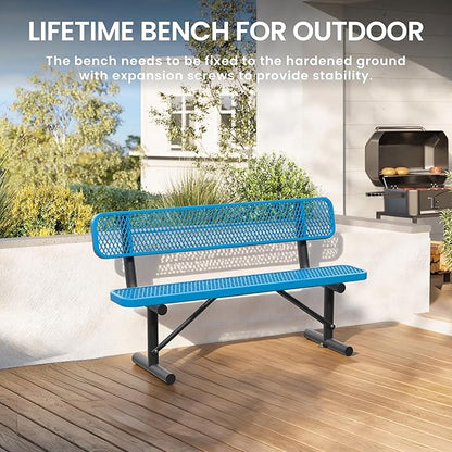 6 FT Steel Park Bench for Outside, Outdoor Bench with Backrest & Portable Frame, Thermoplastic Coating, Commercial Benches for Shopping Mall, Store, Park, Patio, Deck, Blue