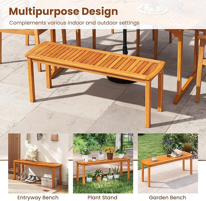 RELAX4LIFE Wood Patio Outdoor Bench - 48’’ Backless Acacia Wooden Dining Bench w/Slatted Seat, 2-Person Farmhouse Indoor Outside Furniture for Entryway Garden Park Porch Poolside, 800LBS Max Load (2)