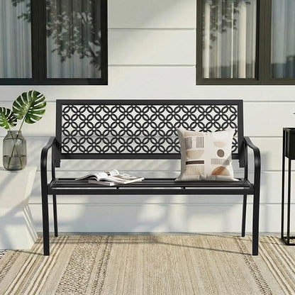 ONBRILL 50" Outdoor Bench, Garden Benches with Galvanized Metal Frame, Front Porch Bench with Floral Backrest, Patio Furniture with Adjustable Feet for Park, Yard, Lawn, Entryway, Black