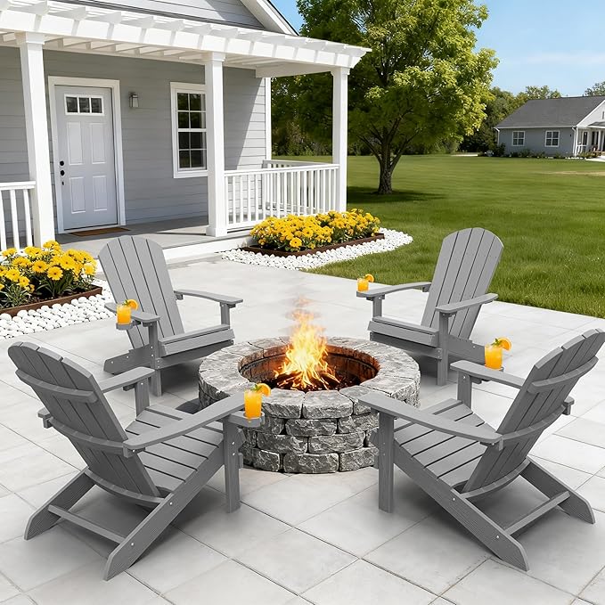 YEFU Adirondack Chairs Set of 4 for Outdoor: Zero Gravity Fire Pit Chairs Plastic with Cup Holders - Sturdy All-Weather HIPS with Wood Texture for Patio Backyard Lawn - Easy Assembly(Grey)