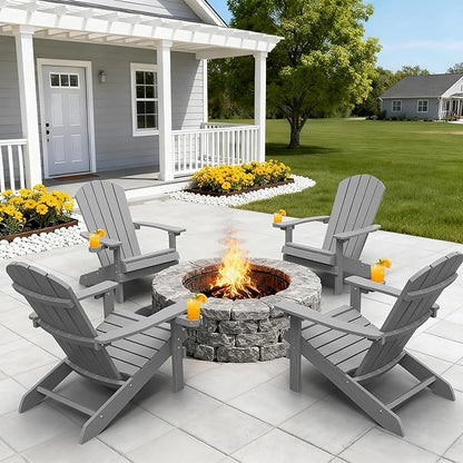 YEFU Adirondack Chairs Set of 4 for Outdoor: Zero Gravity Fire Pit Chairs Plastic with Cup Holders - Sturdy All-Weather HIPS with Wood Texture for Patio Backyard Lawn - Easy Assembly(Grey)