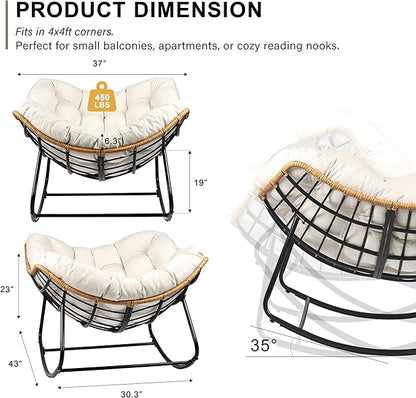 Outdoor Egg Rocking Chair, Indoor Papasan Rocking Chair with Thick Cushion, Modern Lounge Rocker for Balcony, Living Room, Bedroom, Porch, Lawn, Garden (Ivory)