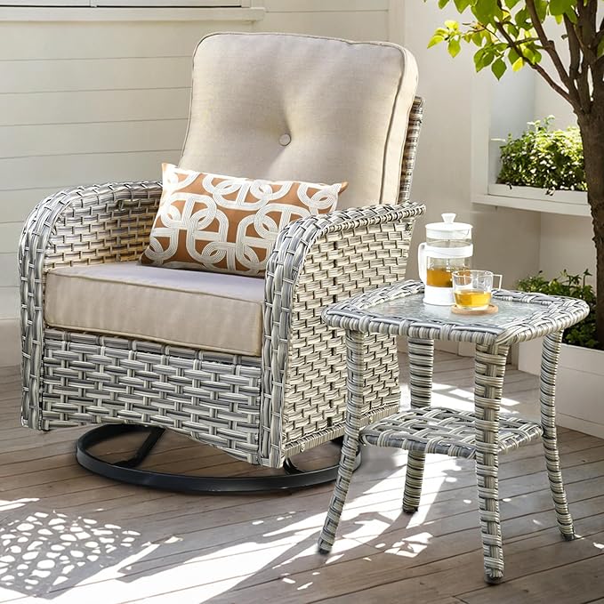 ovios Outdoor Side Table with Tempered Glass Top, Patio Wicker Rattan 2-Tier Storage Coffee End Tables for Porch Deck Balcony Garden Poolside (Mixed Brown-Small Size)