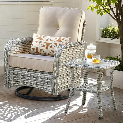 ovios Outdoor Side Table with Tempered Glass Top, Patio Wicker Rattan 2-Tier Storage Coffee End Tables for Porch Deck Balcony Garden Poolside (Mixed Brown-Small Size)