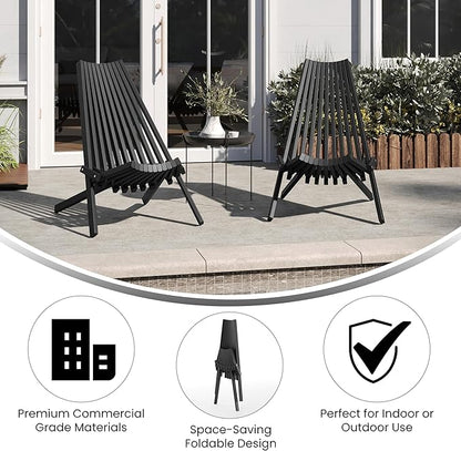 EMMA + OLIVER Durham Folding Chair for Indoor/Outdoor Use, Weather-Resistant Acacia Wood Construction, Low Profile Lounge Chair, Perfect for Sunroom/Patio, Black