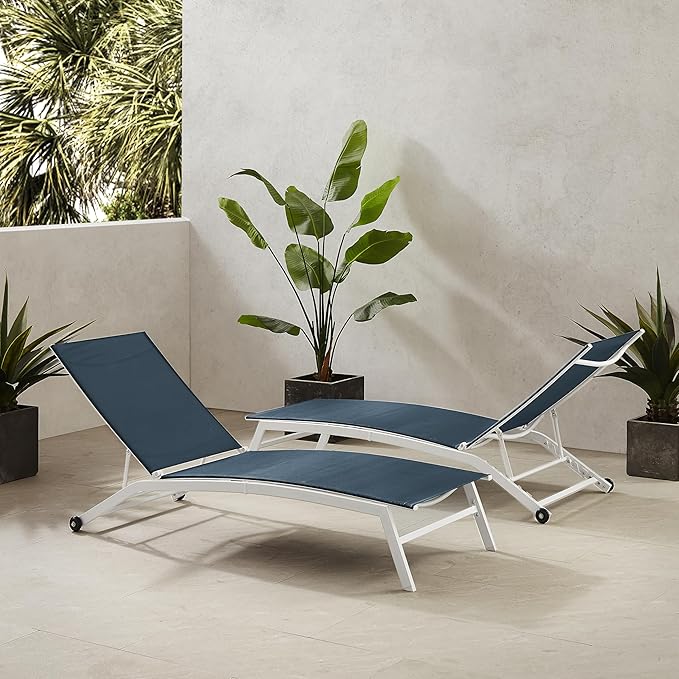 Crosley Furniture Weaver 2-Piece Reclining Sling Outdoor Chaise Lounge Chair Set with Wheels, Patio, Deck, Pool, Navy - Photo 9