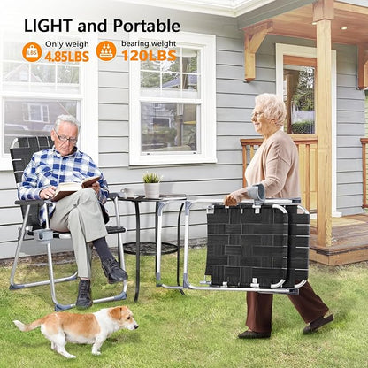 VINGLI Aluminum Patio Lawn Chairs Folding Set of 2 with Detachable Cup Holder, Webbed Beach Chair Folding Chair Outdoor Portable Camping Chair for Yard, Garden
