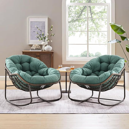 Large Indoor Outdoor Rocking Chair, Oversized Rocking Papasan Chair with Thick Cushion and Frame Outdoor Rocker, Comfy Wicker Egg Chairs Lounge for Outside Porch Patio Backyard Balcony, Light Green