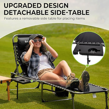 FUNDANGO Chaise Lounge Chair Outdoor, 5-Position Folding Tanning Chair with Detachable Side Table & Pillow, 180° Lay Flat Portable Beach, Heavy Duty U-Frame for Patio, Pool, Lawn, 265lbs (Black)