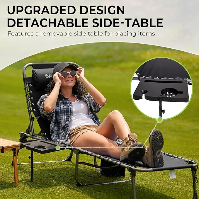 FUNDANGO Chaise Lounge Chair Outdoor, 5-Position Folding Tanning Chair with Detachable Side Table & Pillow, 180° Lay Flat Portable Beach, Heavy Duty U-Frame for Patio, Pool, Lawn, 265lbs（Black 2 pack）
