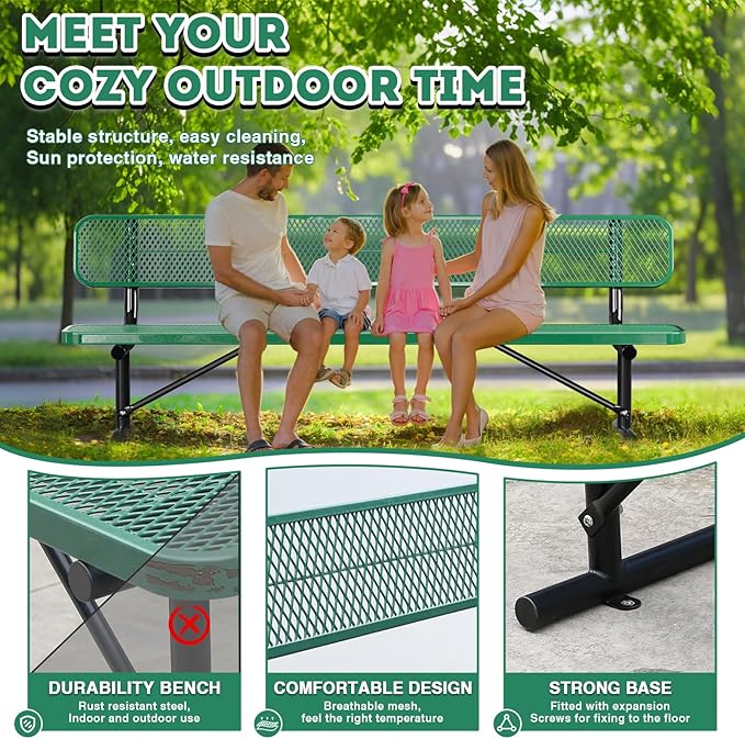 8FT/96INCH Heavy Duty Metal Park Bench for Outside, Outdoor Garden Benches with Backrest & Portable Frame, Expanded Metal Mesh Bench for Shopping Malls, Lawn, Park, Deck, Patio, Porch, Green
