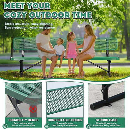 Heavy-Duty Park Bench for Outside - Black Coated Outdoor Furniture Steel Bench, Commercial-Grade Outdoor Benches Weatherproof for Park, Patio, Porch (Portable with Back, 4/6/8 Ft) (Green, 8FT)