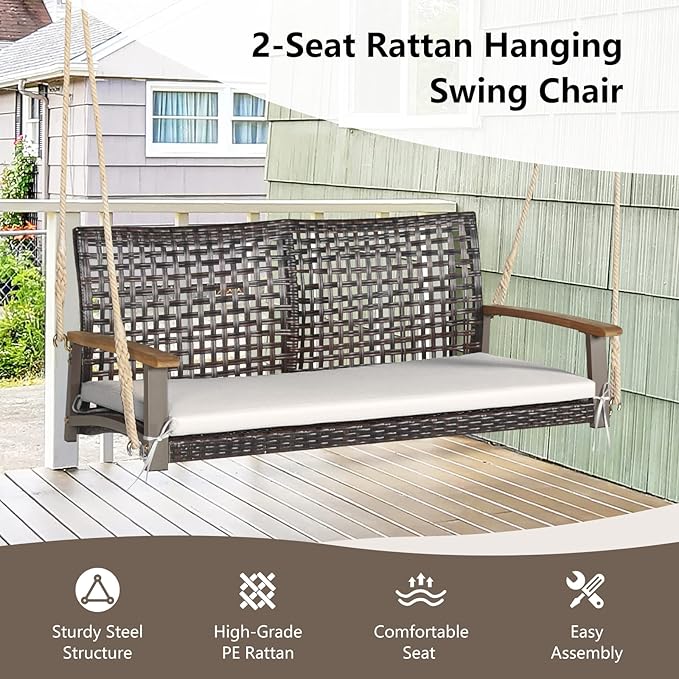 RELAX4LIFE 2-Seater Outdoor Porch Swing - PE Wicker Porch Loveseat Swing with 118” Hanging Ropes - Photo 6