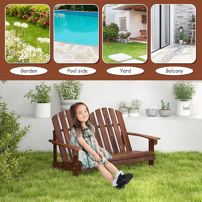 Giantex 2-Person Adirondack Rocking Chair - Kids Outdoor Rocking Bench with Slatted Seat, High Backrest, 220LBS Weight Capacity, Kids Patio Rocker for Balcony, Yard, Poolside (1, Coffee)