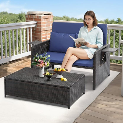 VINGLI Patio Daybed, Wicker Outdoor Daybed with Storage Ottoman & 5-Level Adjustable Backrest, All-Weather Rattan Cushioned Patio Loveseat Sofa for Garden Balcony Backyard (Navy, Brown)