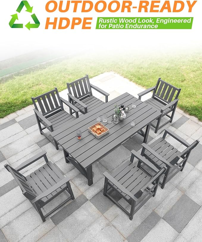 7 Pieces HDPE Outdoor Dining Set, Patio Dining Set with Umbrella Hole, All Weather Outdoor Dining Table Sets for 6 - Photo 7