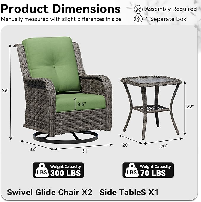 3 Piece Outdoor Wicker Patio Furniture Set, Swivel Rocker Patio Chairs Set with Thickened Olefin Cushions - Photo 2