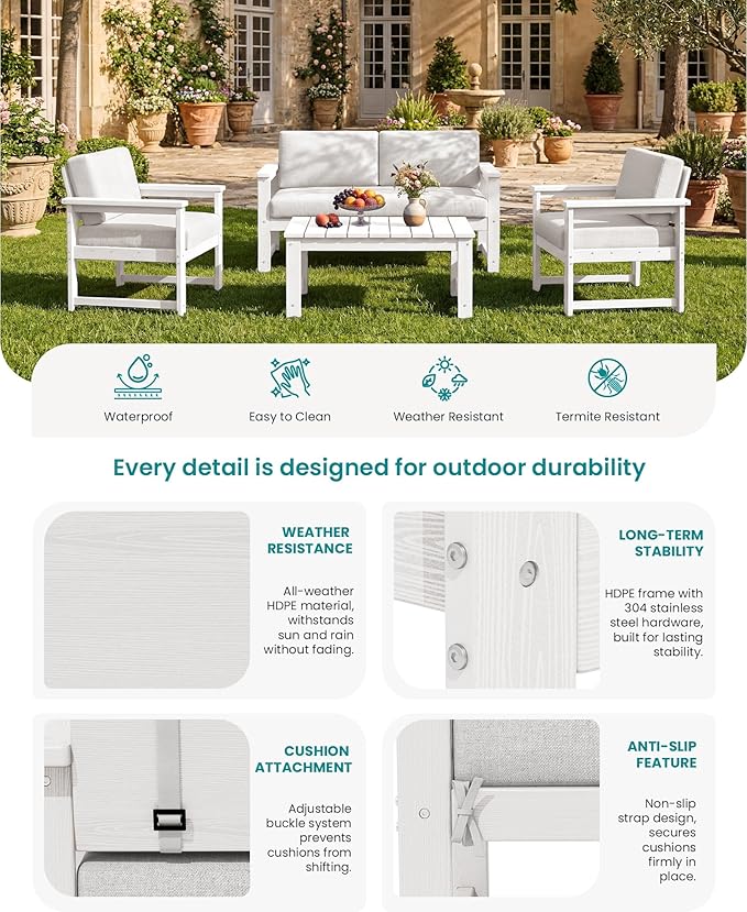 SERWALL HDPE Outdoor Loveseat with Cushions, All Weather Use Outdoor Loveseat Sofa, White Frame/Khaki Cushion - Photo 3