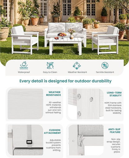 SERWALL HDPE Outdoor Loveseat with Cushions, All Weather Use Outdoor Loveseat Sofa, White Frame/Khaki Cushion