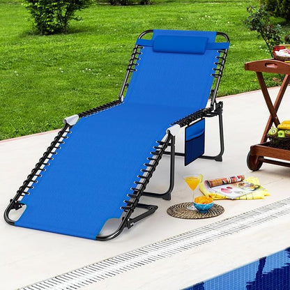 Giantex Lounge Chair Outdoor, Folding Tanning Chair with 4 Adjustable Positions, Removable Headrest, Footrest, Side Pocket, Load 440 Lbs, Portable Recliner for Lawn, Yard, Beach, Sunbathing (1,Navy)