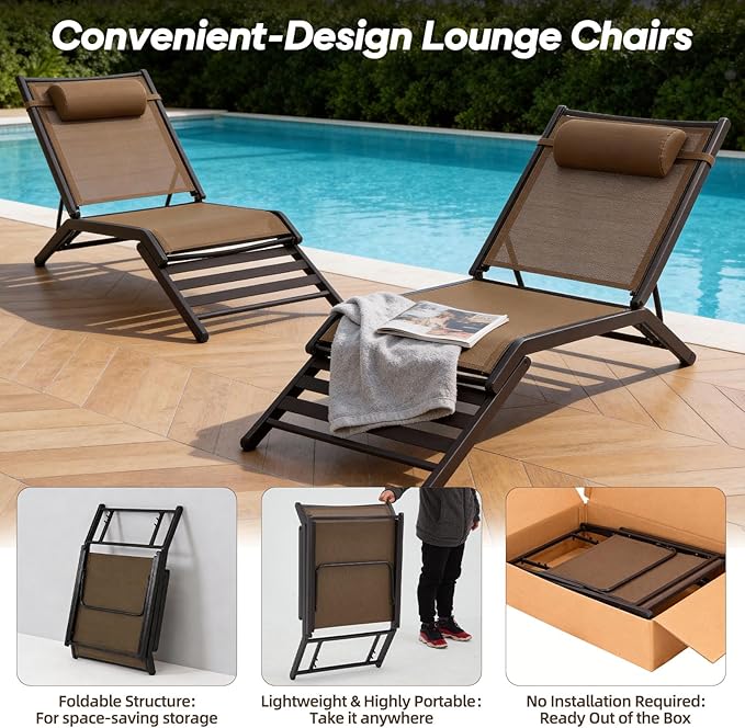 Chaise Lounge Outdoor Set of 2 Foldable Pool Lounge Chairs with Adjustable Back Assembly-Free Textilene Patio Tanning Chair for Deck Lawn Poolside Backyard