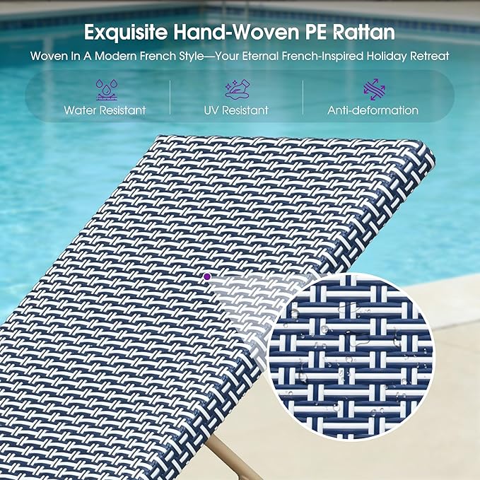 PURPLE LEAF Extra Large Patio Chaise Lounge 2 Pieces French Outdoor Wicker Lounger Matte White Aluminum Frame 771LBS Capacity PE Rattan Adjustable Backrest for Pool Garden Beach Backyard Navy