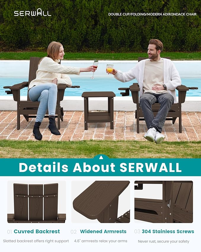 SERWALL Modern Adirondack Chairs Set of 4, Folding Adirondack Chair with Cup Holders, Outdoor HDPE Adirondack Chair for Patio Lawn Garden, Coffee