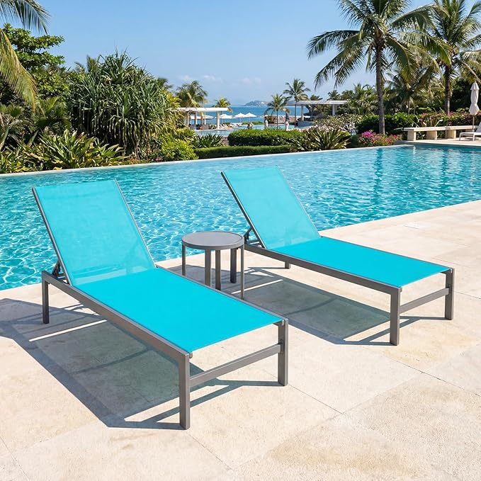 Giantex Patio Chaise Lounge Chair, Outdoor Sunbathing Chair Lawn Reclining Lounger with 6 Adjustable Position, Aluminium Frame, Outside Tanning Chairs for Deck,Yard, Pool Lounge Chairs (2, Turquoise)