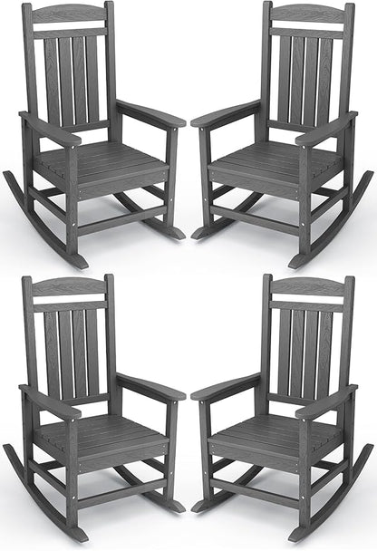KINGYES HDPE Patio Rocking Chair Set of 4, Outdoor Rocking Chairs Porch Rocker for Adults, Grey