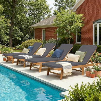 Patiorama Patio Acacia Wood Chaise Lounge Set of 4, Outdoor Folding Lounge Chair Recliner w/Adjustable Backrest, Wheels,Padded Cushion, Portable Sun Lounger Pool Chair for Deck,FSC Certified,Dark Grey