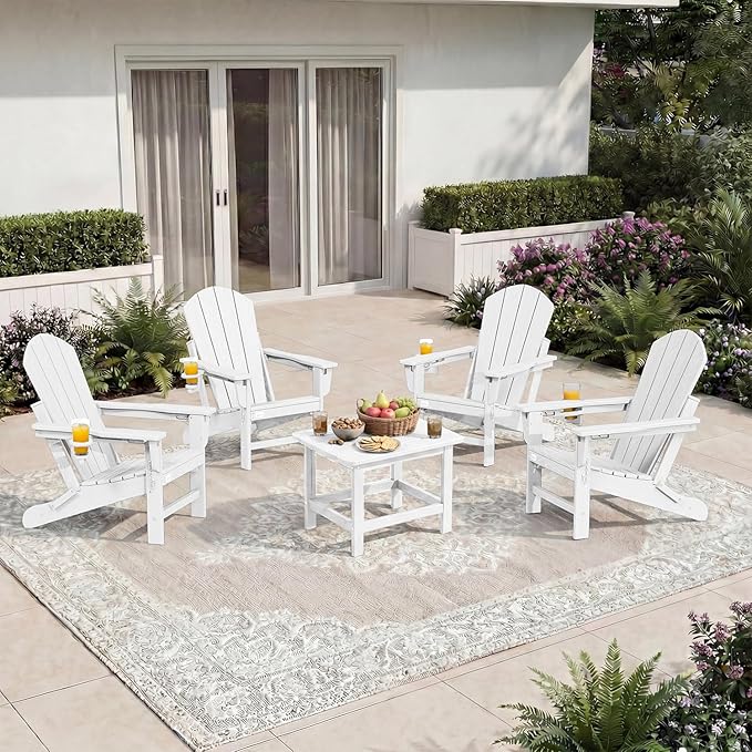Mdeam 3-Position Adjustable Adirondack Chairs Set of 4, 400LBS Capacity, Cup Holder, Wooden Textured, All-Weather HDPE Folding Fire Pit Outdoor Chairs for Poolside Deck Patio Garden Yard Lawn - White