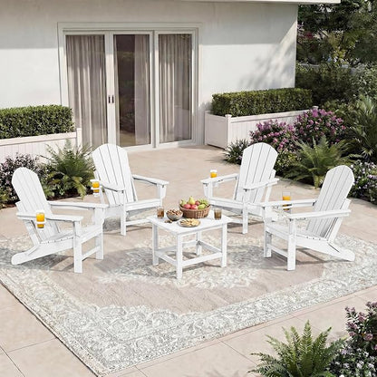 Mdeam 3-Position Adjustable Adirondack Chairs Set of 4, 400LBS Capacity, Cup Holder, Wooden Textured, All-Weather HDPE Folding Fire Pit Outdoor Chairs for Poolside Deck Patio Garden Yard Lawn - White