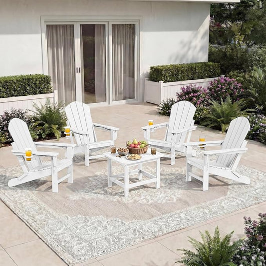 Mdeam 3-Position Adjustable Adirondack Chairs Set of 4, 400LBS Capacity, Cup Holder, Wooden Textured, All-Weather HDPE Folding Fire Pit Outdoor Chairs for Poolside Deck Patio Garden Yard Lawn - White
