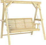 Outsunny 3 Seat Porch Swing with Stand, Wooden Patio Swing Chair with Side Tables and Metal Chains - Photo 1