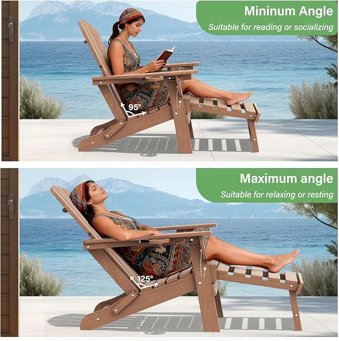 LOUNZY Folding Adjustable Adirondack Chair with Retractable Ottoman Set of 2,HDPE Recliner Adirondack Chair with Cup Holder for Deck Lawn Fire Pit, Brown