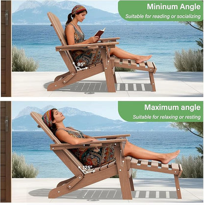 LOUNZY Folding Adjustable Adirondack Chair with Retractable Ottoman, HDPE Recliner Adirondack Chair with Cup Holder for Deck Lawn Fire Pit, Brown