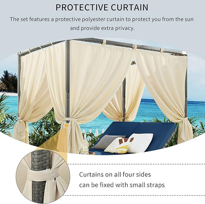 Merax Outdoor Patio Wicker Sunbed Daybed with Canopy, Overhead Curtains, Cushions, Lounge Chairs with Adjustable Seats, Blue