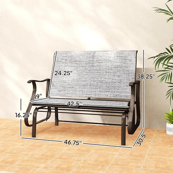 Outsunny 2-Person Outdoor Glider Bench，Patio Glider Loveseat Chair with Powder Coated Steel Frame，2 Seats Porch Rocking Glider for Backyard, Lawn, Garden and Porch, Mixed Gray
