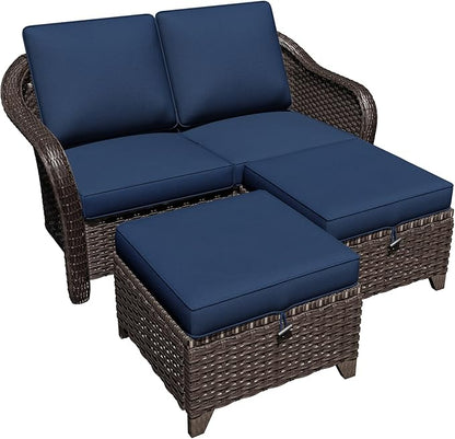 3 Pieces Patio sectional Sofa Set, Outdoor Conversation Furniture Set, 55" Patio Couch with 2 Ottomans, Rattan Wicker Sofa with Removable Cushions for Bistro, Deck (Navy Blue)