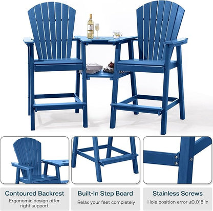 Tall Adirondack Chairs Set of 8, HDPE Balcony Chair with Double Connecting Tray, Weather Resistant Outdoor Adirondack Bar Stools for Patio, Deck, Patio, Backyard, Balcony. (Navy Blue)