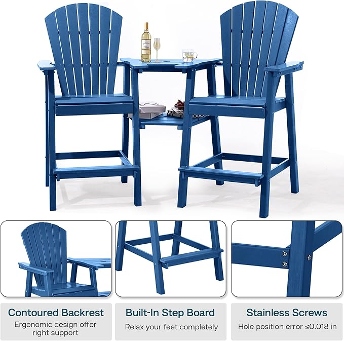 Tall Adirondack Chairs Set of 2, HDPE Balcony Chair with Double Connecting Tray, Weather Resistant Outdoor Adirondack Bar Stools for Patio, Deck, Patio, Backyard, Balcony.(Navy Blue)